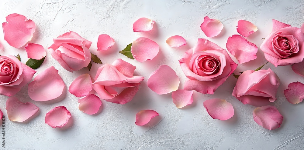 Pink roses and petals arranged in a row on a white background. Pink roses and petals arranged in a row on a white background.