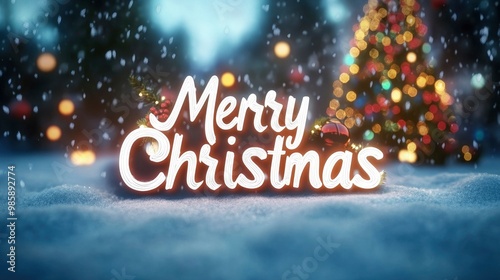 Merry Christmas written in elegant white letters on a snowy landscape, with a Christmas tree decorated in the distance.