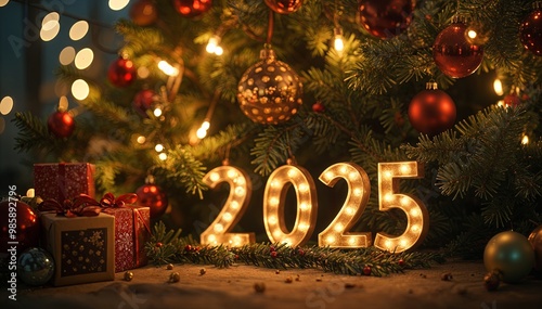 Beautiful Christmas Tree with Ornaments and Lights Symbolizing New Year 2025 photo