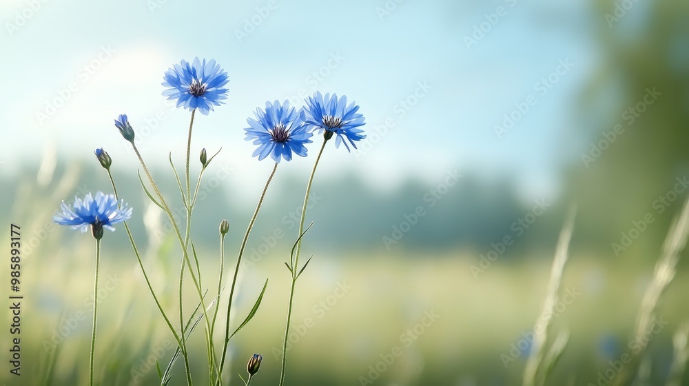 A serene rural landscape adorned with delicate blue cornflowers, symbolizing tranquility, beauty, and the simple pleasures of nature. A serene rural landscape adorned with delicate blue cornflowers, symbolizing tranquility, beauty, and the simple pleasures of nature.