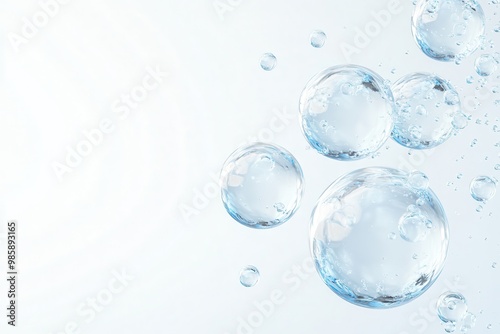 Close-up of three blue water molecule cells floating in the air, abstract background