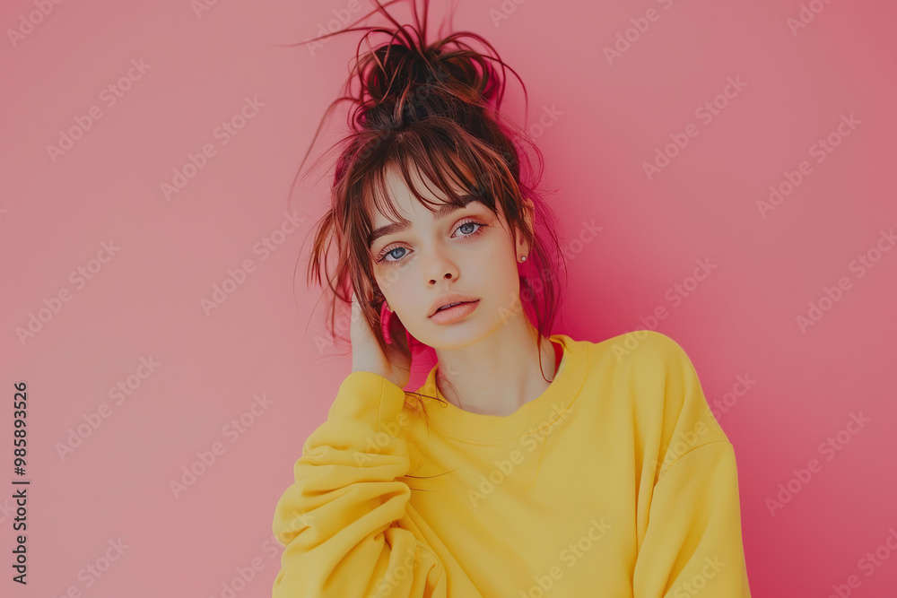 Young pretty woman in sweatshirt on pink background
