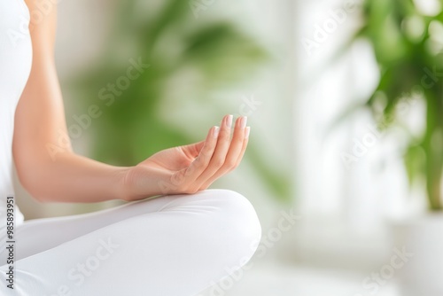 Wallpaper Mural Closeup woman hand yoga lotus position at home. Breathing, Working out, Meditation, wellness concept Torontodigital.ca