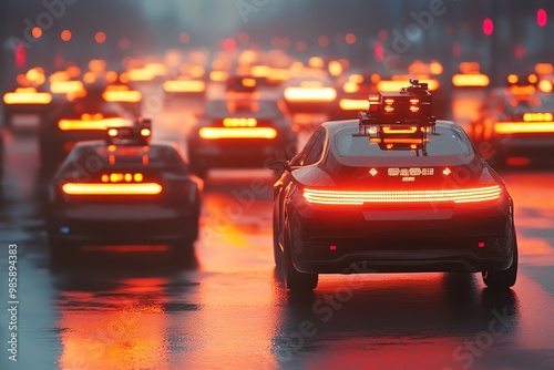 Rear view of black car driving on a wet road at night. photo