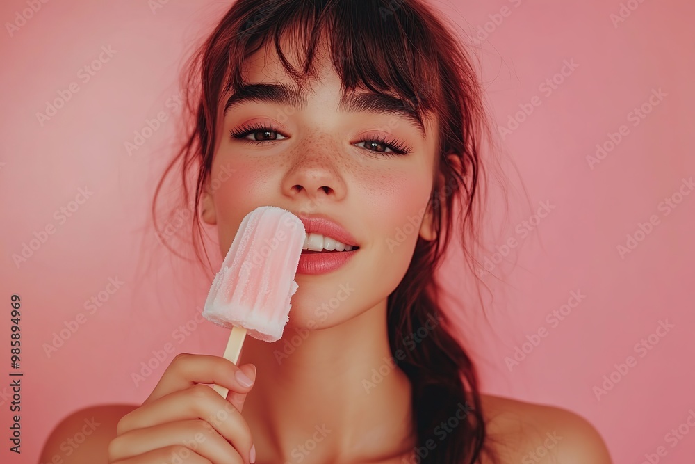 Portrait of beautiful young woman eating delicious ice cream Portrait of beautiful young woman eating delicious ice cream
