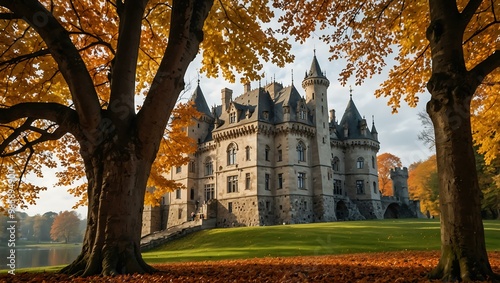 Autumn leaves swirling around a majestic castle. photo