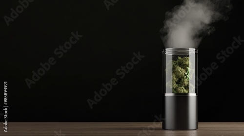 A sleek electronic vaporizer with marijuana buds emits vapor, showcasing modern design and enhanced smoking experience. photo