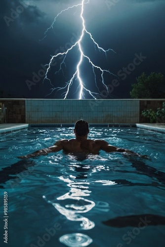 Man Swimming Towards Lightning Storm