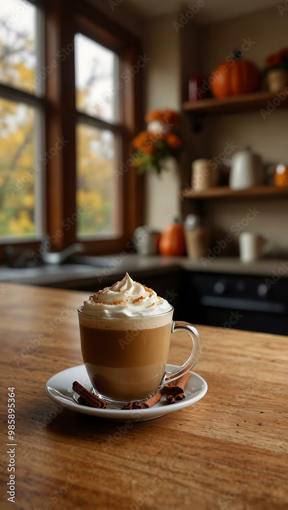 Obraz premium Autumnal coffee scene with a pumpkin spice latte in a warm kitchen setting.