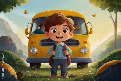 Child Boarding a School Bus, yard background