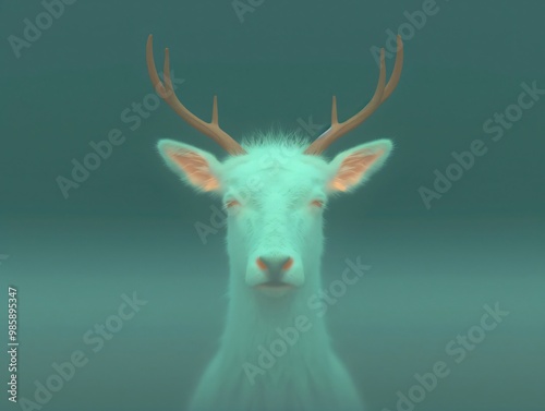 Ethereal White deer with closed eyes is posing in front of a green background. Its antlers stand out against the dark background; animal symbol for dreamlike mystery