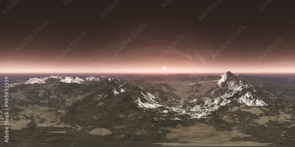 Fototapeta premium sunset on Mars. HDRI . equidistant projection. Spherical panorama. panorama 360. environment map, 3d rendering