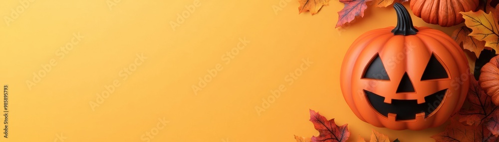 Festive Halloween pumpkin with a cheerful face surrounded by colorful autumn leaves on a bright yellow background. Festive Halloween pumpkin with a cheerful face surrounded by colorful autumn leaves on a bright yellow background.