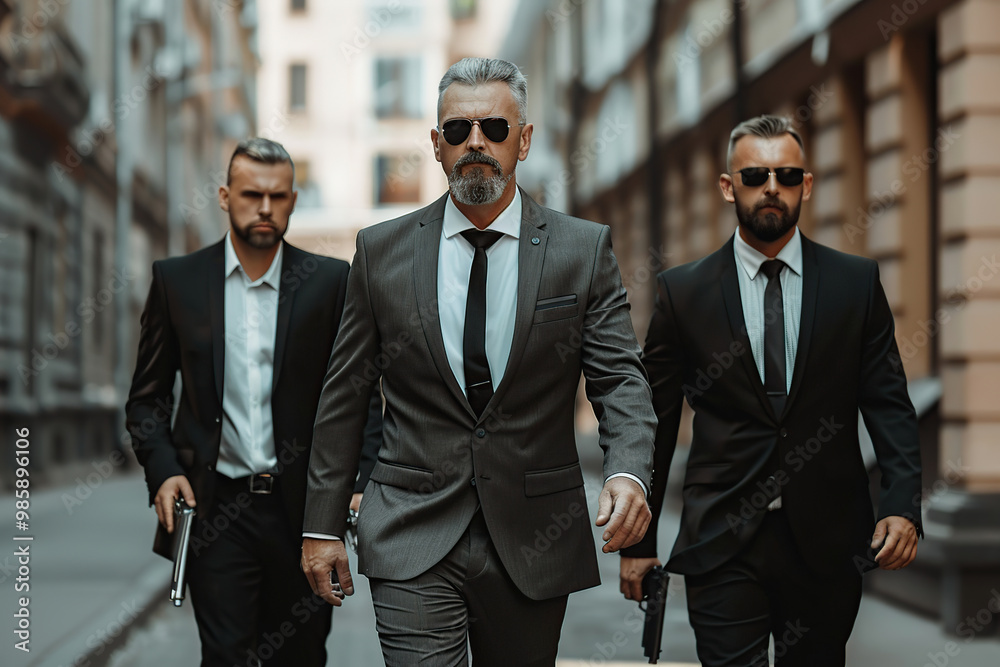 Businessman with bodyguards walking on city streets Businessman with bodyguards walking on city streets