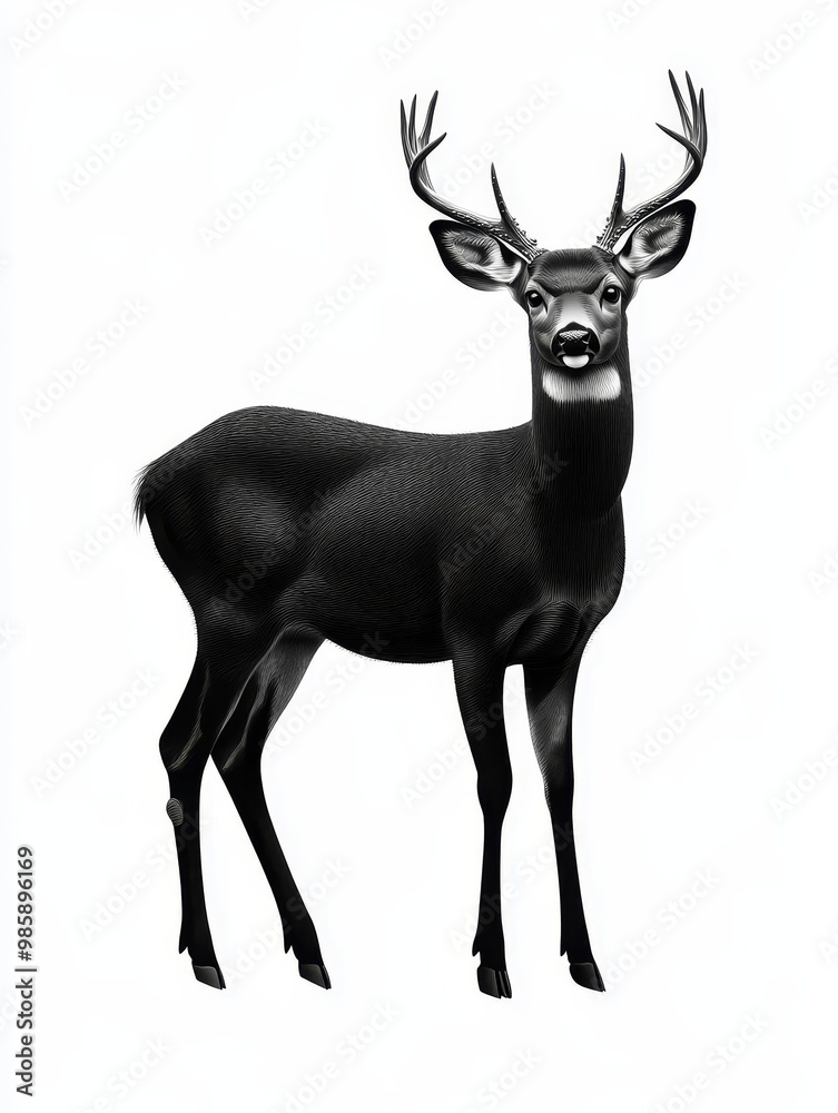 Fototapeta premium A stunning silhouette of a black deer with antlers standing tall and proud, symbolizing grace, strength, wilderness, nature, and wildlife.