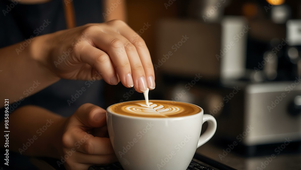 Barista creating latte art. Barista creating latte art.