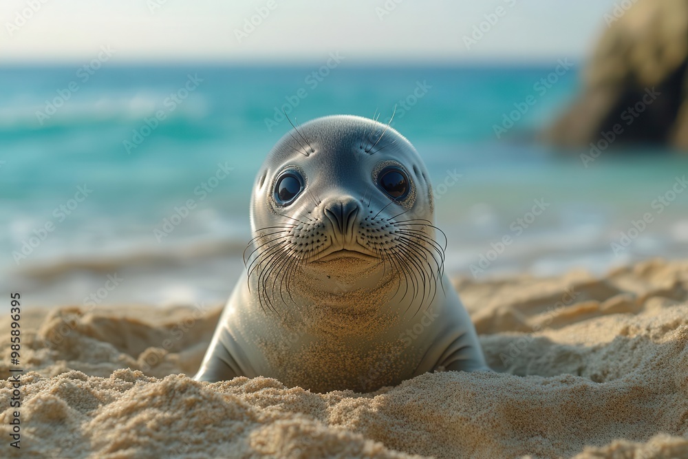 Fototapeta premium endearing closeup of a young elephant seal pup its wide eyes peering curiously from beneath a coating of golden sand on a picturesque beach