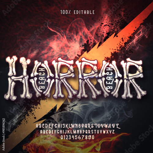 Creepy horror movie alphabet font with dark, foggy, and smoky design. Perfect for Halloween logos, games, and scary graphics. Includes uppercase letters, numbers, and smoke effect. vector illustration