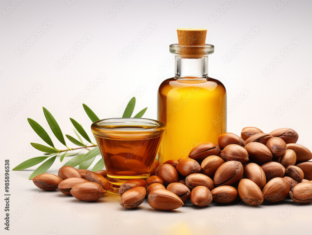 Attractive Argan seeds and oil isolated on a white background Argan oil nuts with plant Cosmetics