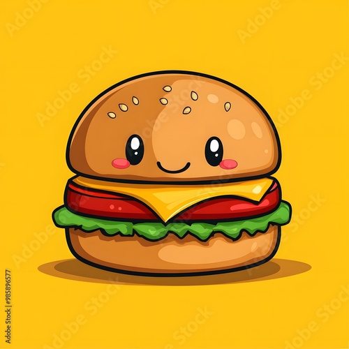 cute burger with a smiling face in cartoon style on yellow background	 photo