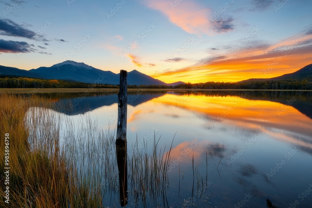 A tranquil lake reflects the vibrant colors of a sunset sky, creating a ...
