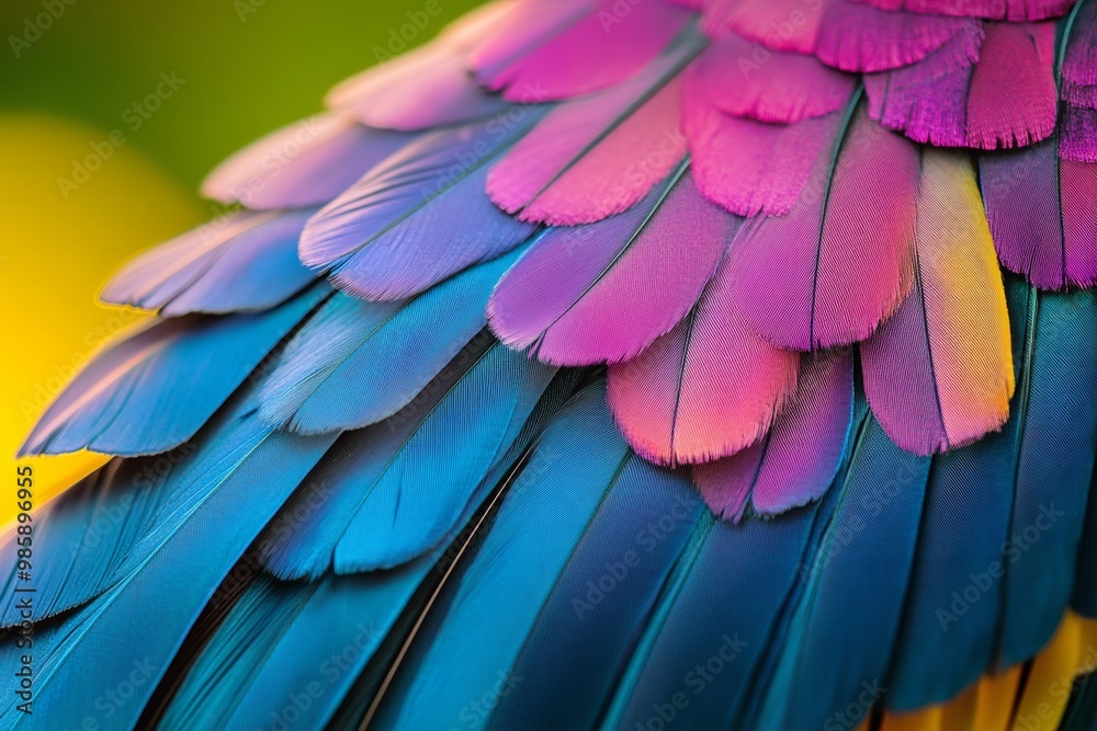 Obraz premium Vibrant, iridescent feathers showcase shades of blue, purple, and pink on a sunny day amid natural surroundings