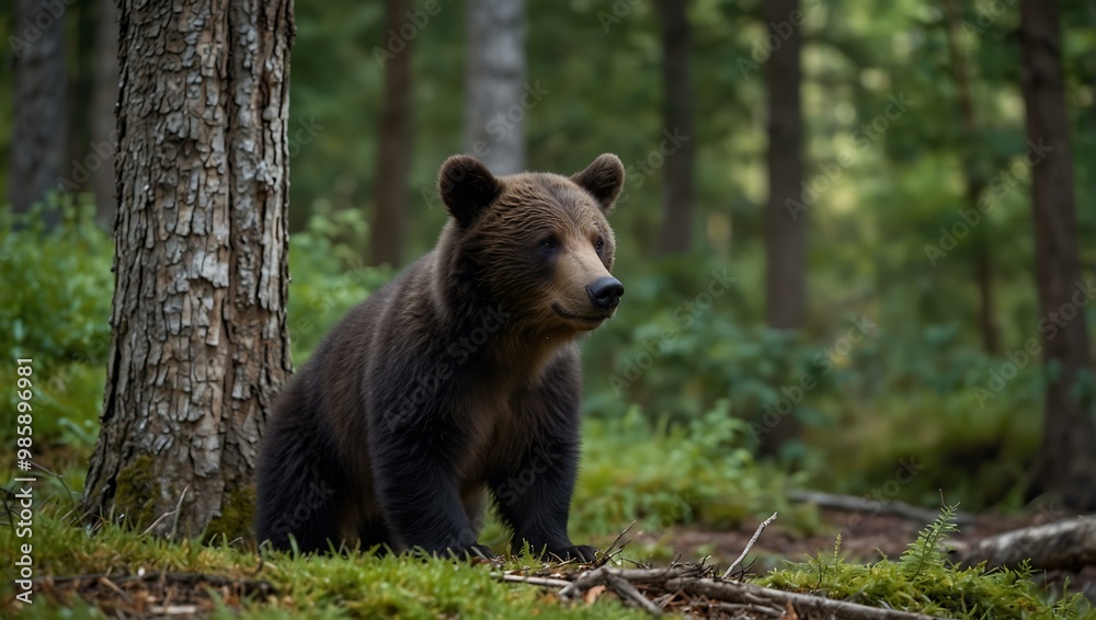Bear cubs playfully exploring the forest. Bear cubs playfully exploring the forest.