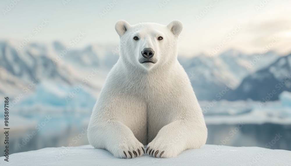 A majestic polar bear resting on ice, showcasing its beauty in a serene arctic landscape with stunning mountain views. A majestic polar bear resting on ice, showcasing its beauty in a serene arctic landscape with stunning mountain views.