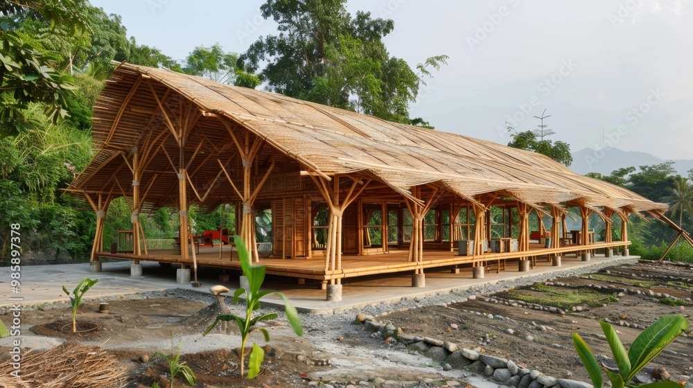 Rustic Wooden Hut Surrounded by Lush Tropical Foliage and Tranquil Waterway Rustic Wooden Hut Surrounded by Lush Tropical Foliage and Tranquil Waterway