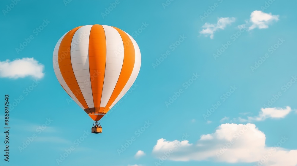 Fototapeta premium A vibrant orange and white hot air balloon floats gracefully against a backdrop of a clear blue sky. The balloon represents freedom, adventure, and a sense of wonder, while the clouds symbolize hope a
