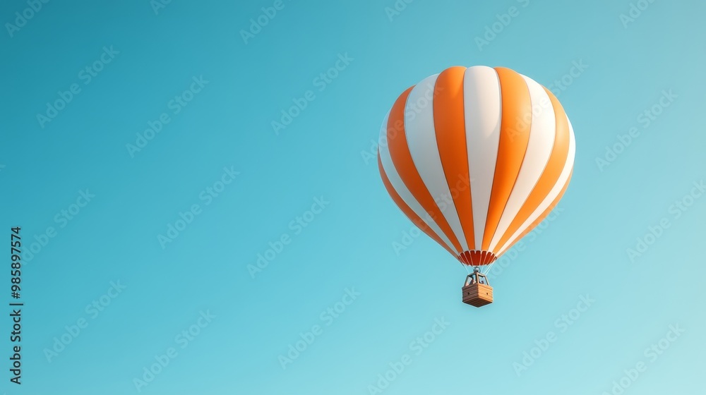 Obraz premium A vibrant orange and white hot air balloon gracefully ascends against a clear blue sky, symbolizing freedom, adventure, hope, and new beginnings.
