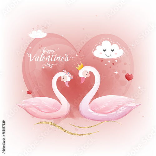 Greeting card with two swans and hearts in background