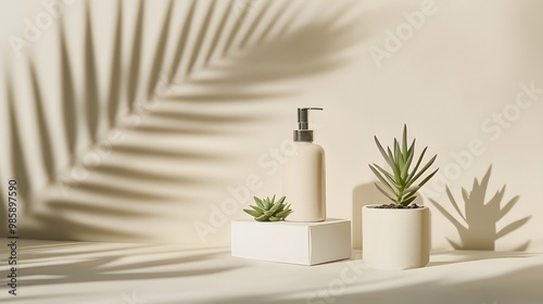 Product photography, beige background with a palm leaf shadow on the wall, two bottles of shampoo in front of it, one vase and a small succulent plant next to them, simple geometric shapes, minimalist