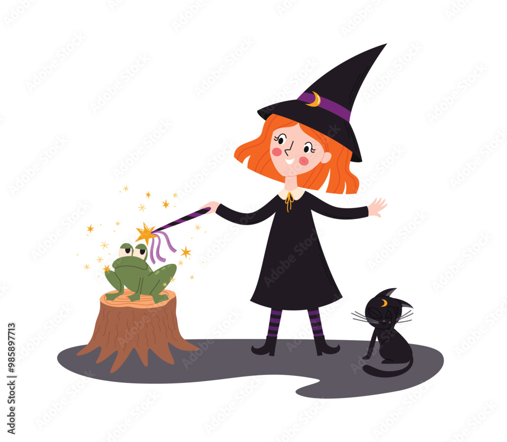 Little witch is making a spell on a frog. Witch making magic. Cute children character. Halloween fairy tale vector illustration Little witch is making a spell on a frog. Witch making magic. Cute children character. Halloween fairy tale vector illustration