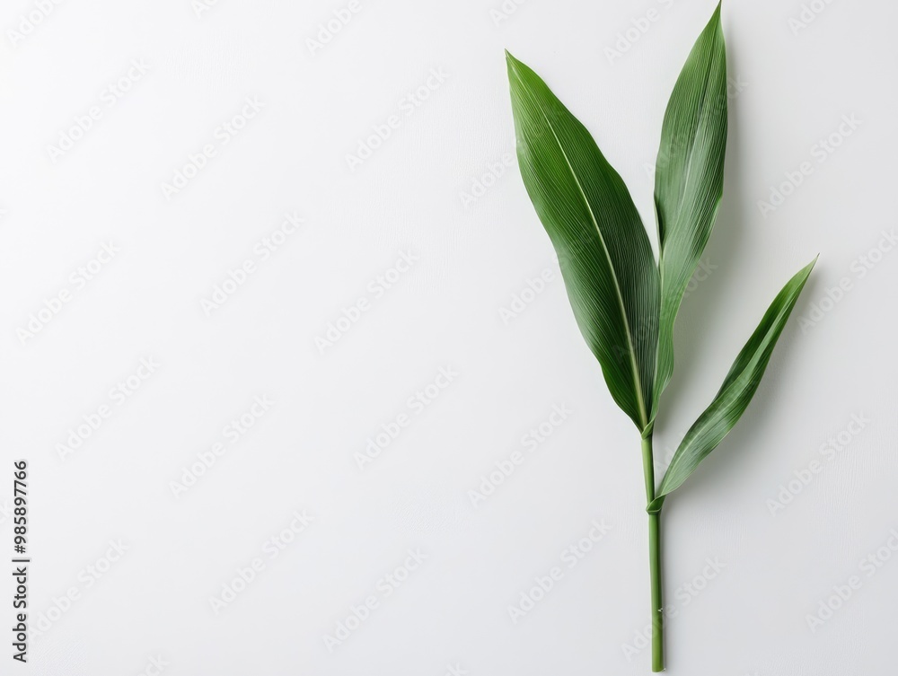 Obraz premium A single green branch with leaves on a plain background, symbolizing nature and freshness.