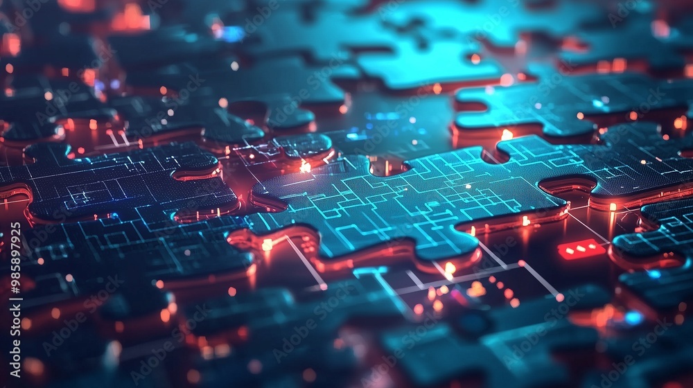 Puzzle pieces and circuit board representing api connectivity and software integration. Puzzle pieces and circuit board representing api connectivity and software integration.