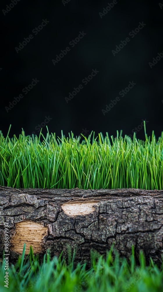 Lush green grass flourishes on a weathered log, creating a natural contrast against a dark background, enhancing the serene atmosphere Lush green grass flourishes on a weathered log, creating a natural contrast against a dark background, enhancing the serene atmosphere