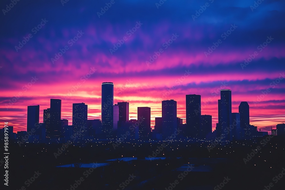 Silhouette of skyscrapers against a pink and blue twilight sky. Silhouette of skyscrapers against a pink and blue twilight sky.