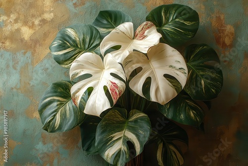 enormous variegated monstera plant with striking whitestreaked leaves dramatically climbing weathered stone walls adorned with faded renaissance frescoes merging nature and art