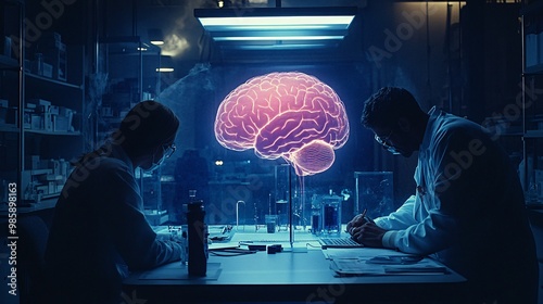 A neurologist and medical team examining a hologram of a brain to analyze and prepare for complex brain surgery Large space for text in center Stock Photo with copy space