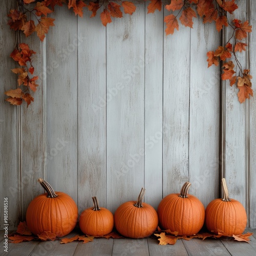 A cozy autumn scene featuring five orange pumpkins arranged on wooden planks, surrounded by orange leaves and a rustic background. photo