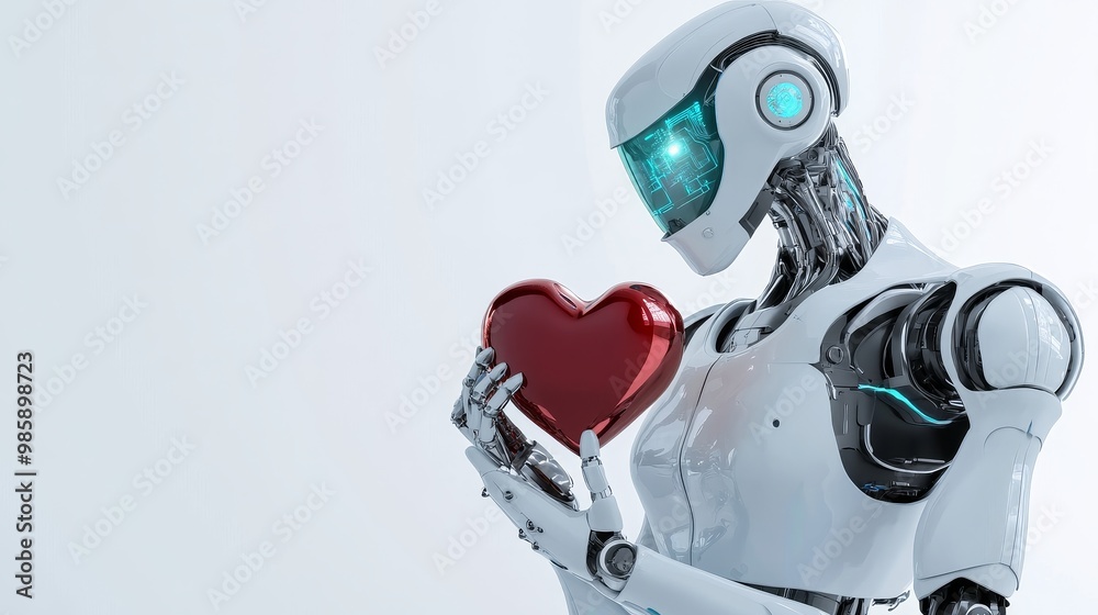 A white robot with glowing blue eyes holds a red heart, symbolizing the ...