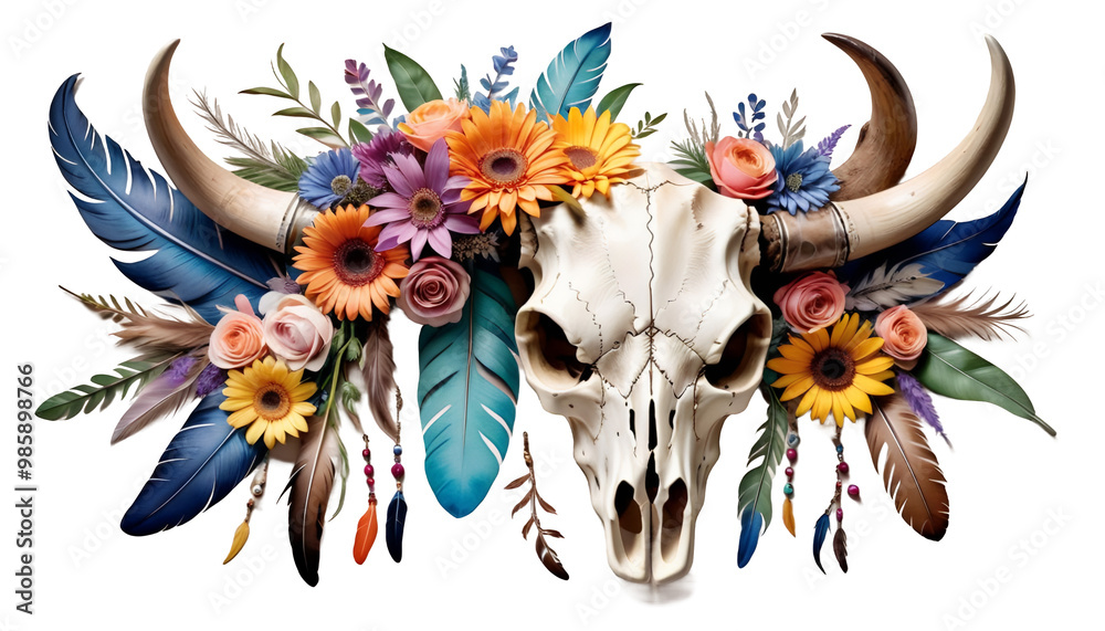 cow watercolor skull boho feathers flowers decoration flower skull bull watercolor bison head cow print tribal floral carcase feather old drawing sheep horn illustration bone colourful anatomy