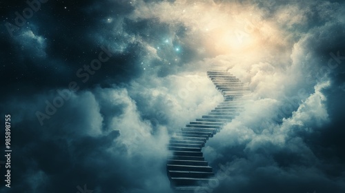Spiral staircase reaching constellations, surreal journey, celestial ascent
