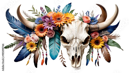 Obraz na płótnie cow watercolor skull boho feathers flowers decoration flower skull bull watercolor bison head cow print tribal floral carcase feather old drawing sheep horn illustration bone colourful anatomy w salonie
