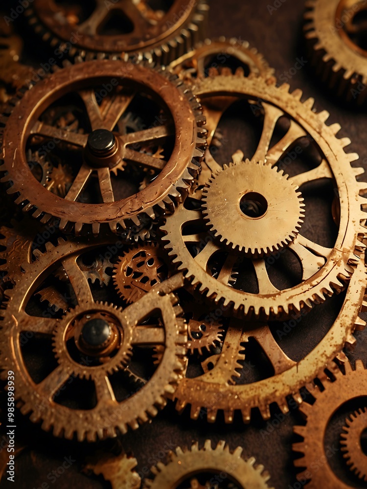 Birdseye view of steampunk gears in brass and copper tones. Birdseye view of steampunk gears in brass and copper tones.