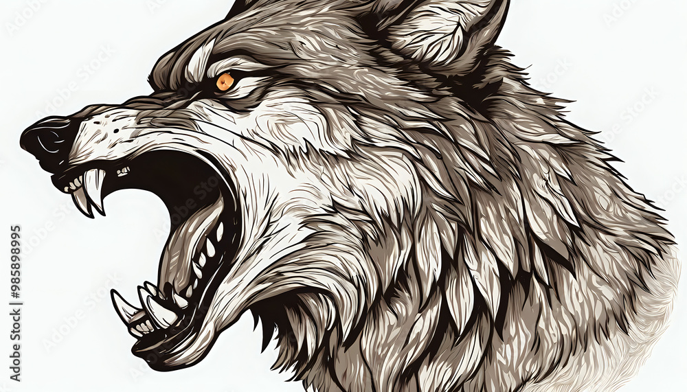 Obraz premium A black and white wolf head mascot illustration featuring sharp teeth, wild and fierce expression, designed in a vector style ideal for tattoos or logos