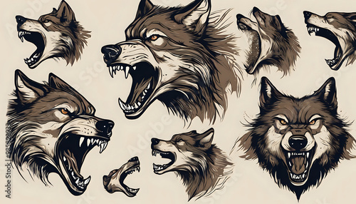 A black and white wolf head mascot illustration featuring sharp teeth, wild and fierce expression, designed in a vector style ideal for tattoos or logos