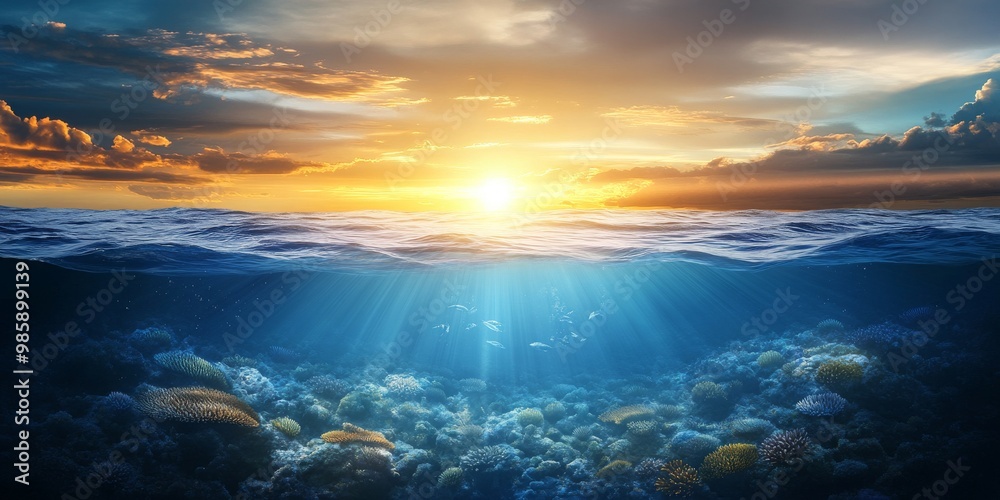 Split Underwater View of Sunny Sky and Serene Sea: Capturing the Beauty of Nature in a Unique Perspective. Split Underwater View of Sunny Sky and Serene Sea: Capturing the Beauty of Nature in a Unique Perspective.