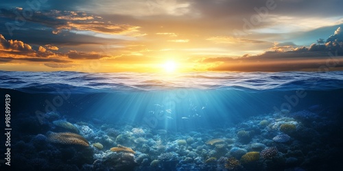 Split Underwater View of Sunny Sky and Serene Sea: Capturing the Beauty of Nature in a Unique Perspective.